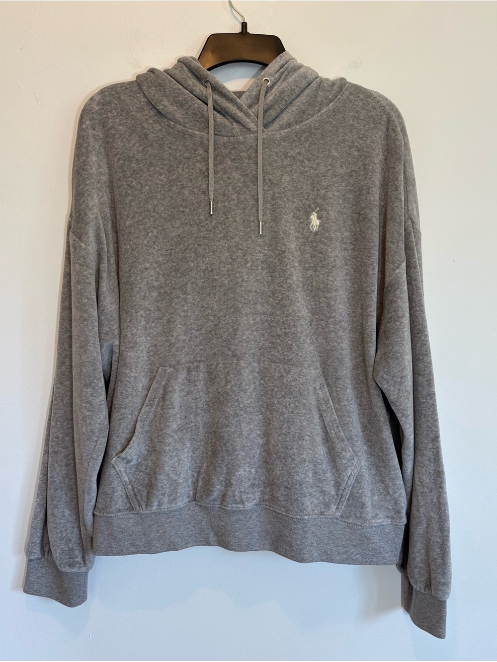 Polo Ralph Lauren Velour Hoodie Gray Pullover Sweatshirt Large